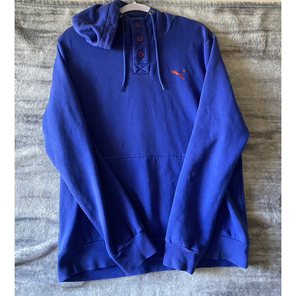 Puma Mens Royal Blue Henley Button Hoodie Sportlifestyle Fleece Sweatshirt L